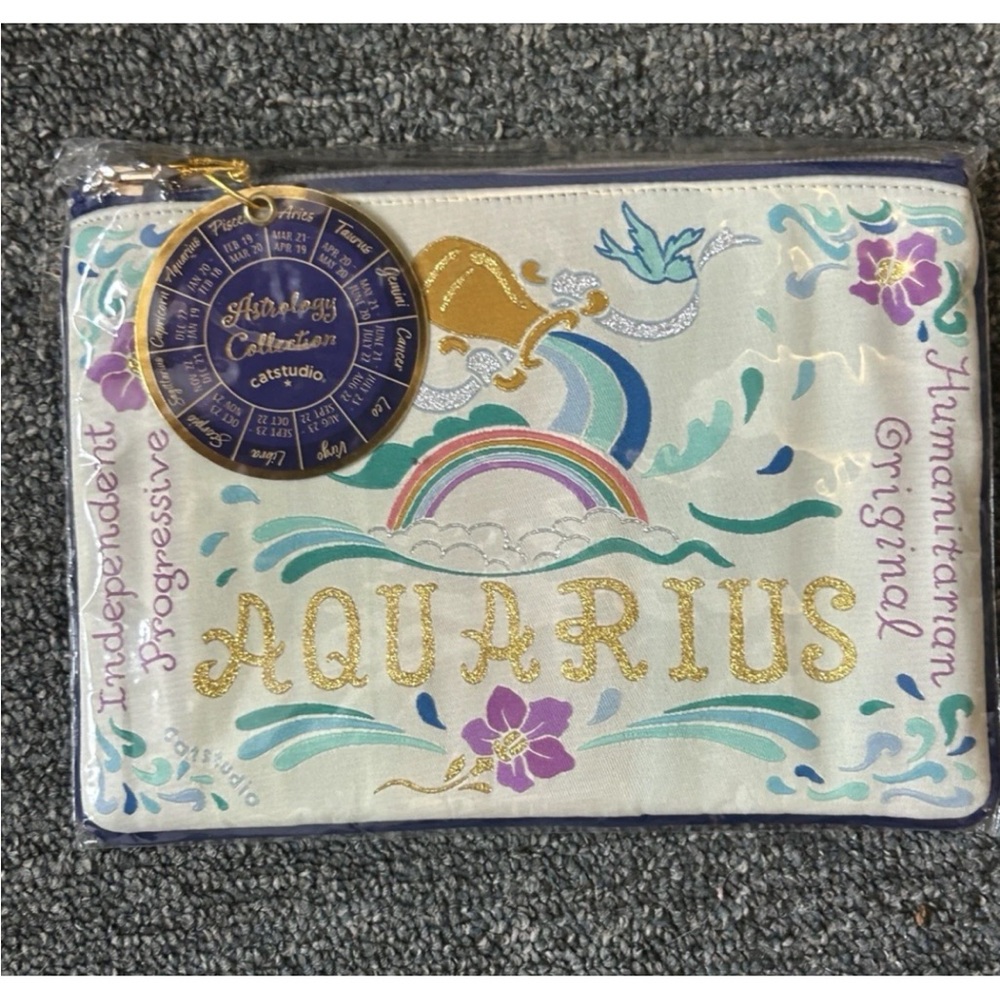 Aquarius Zodiac Pouch - White with Multicolor Embroidered Astrology Design Gift - Picture 2 of 4